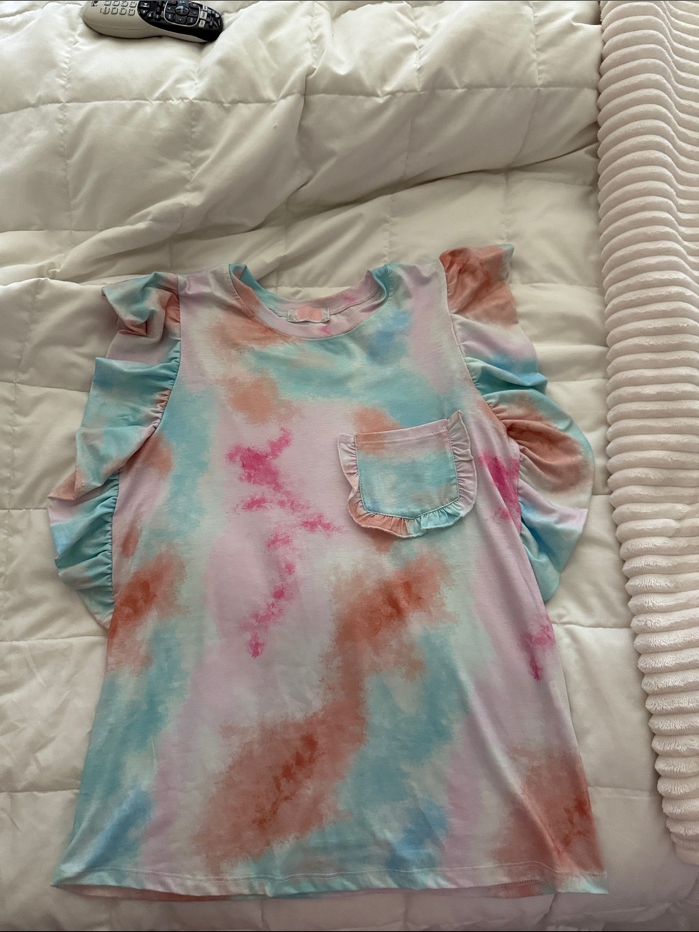 Girls' Pastel Tie-Dye Ruffle Sleeve Tee with Pocket